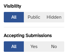 PublicationsFilterPanel menu open, showing Visibility (All / Public / Hidden) and Accepting Submissions (All / Yes / No) segmented buttons